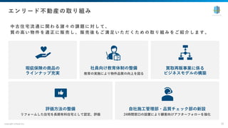 中 古 住 宅 流 通 に 関 わ る 諸 々 の 課 題 に 対 し て 、
質 の ⾼ い 物 件 を 適 正 に 販 売 し 、 販 売 後 も ご 満 ⾜ い た だ く た め の 取 り 組 み を ご 紹 介 し ま す 。
copyright enlead inc. 25
エンリード不動産の取り組み
瑕疵保険の商品の
ラインナップ充実
評価⽅法の整備
リフォームした住宅を⻑期有料住宅として認定、評価
買取再販事業に係る
ビジネスモデルの構築
社員向け教育体制の整備
教育の実施により物件品質の向上を図る
⾃社施⼯管理部・品質チェック部の新設
24時間窓⼝の設置により顧客向けアフターフォローを強化
 