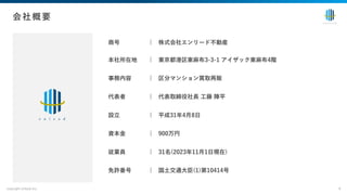 copyright enlead inc. 4
会社概要
商号 | 株式会社エンリード不動産
本社所在地 | 東京都港区東⿇布3-3-1 アイザック東⿇布4階
事務内容 | 区分マンション買取再販
代表者 | 代表取締役社⻑ ⼯藤 陣平
設⽴ | 平成31年4⽉8⽇
資本⾦ | 900万円
従業員 | 31名(2023年11⽉1⽇現在)
免許番号 | 国⼟交通⼤⾂(1)第10414号
 