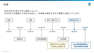 当 社 は 2 0 1 9 年 の 4 ⽉ に 創 業 し ま し た 。
2 0 2 3 年 に は 福 岡 に も ⽀ 店 を 出 店 し 、 社 員 数 も 増 加 す る な ど 順 調 に 成 ⻑ し て い ま す 。
copyright enlead inc. 6
沿⾰
営業5名(2023.08現在)
今年度売上80億予想
2020年10⽉ 2021年12⽉ 2022年5⽉ 2023年4⽉
2019年4⽉ 2021年4⽉ 2022年4⽉ 2023年3⽉
創業 増床 新卒⼀期⽣⼊社 福岡⽀店出店
体制拡充 中途採⽤開始 本店移転
施⼯管理事業部新設 /
全体社員数30名突破
 