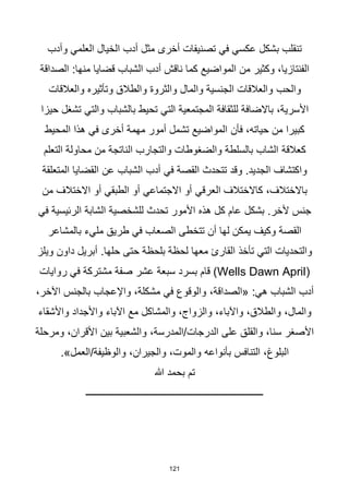 121
‫مثل‬ ‫أخرى‬ ‫تصنيفات‬ ‫في‬ ‫عكسي‬ ‫بشكل‬ ‫تنقلب‬
‫وأدب‬ ‫العلمي‬ ‫الخيال‬ ‫أدب‬
‫المواضيع‬ ‫من‬ ‫وكثير‬ ،‫الفنتازيا‬
‫الصداقة‬ :‫منها‬ ‫قضايا‬ ‫الشباب‬ ‫أدب‬ ‫ناقش‬ ‫كما‬
‫والحب‬
‫وتأثيره‬ ‫والطالق‬ ‫والثروة‬ ‫والمال‬ ‫الجنسية‬ ‫والعالقات‬
‫والعالقات‬
،‫األسرية‬
‫التي‬ ‫المجتمعية‬ ‫للثقافة‬ ‫باالضافة‬
‫حيزا‬ ‫تشغل‬ ‫والتي‬ ‫بالشباب‬ ‫تحيط‬
‫فأن‬ ،‫حياته‬ ‫من‬ ‫كبيرا‬
‫المحيط‬ ‫هذا‬ ‫في‬ ‫أخرى‬ ‫مهمة‬ ‫أمور‬ ‫تشمل‬ ‫المواضيع‬
‫كعالقة‬
‫محاولة‬ ‫من‬ ‫الناتجة‬ ‫والتجارب‬ ‫والضغوطات‬ ‫بالسلطة‬ ‫الشاب‬
‫التعلم‬
‫أدب‬ ‫في‬ ‫القصة‬ ‫تتحدث‬ ‫وقد‬ .‫الجديد‬ ‫واكتشاف‬
‫عن‬ ‫الشباب‬
‫المتعلقة‬ ‫القضايا‬
‫العرقي‬ ‫كاالختالف‬ ،‫باالختالف‬
‫من‬ ‫االختالف‬ ‫أو‬ ‫الطبقي‬ ‫أو‬ ‫االجتماعي‬ ‫أو‬
‫جنس‬
‫ألخر‬
‫بشكل‬ .
‫في‬ ‫الرئيسية‬ ‫الشابة‬ ‫للشخصية‬ ‫تحدث‬ ‫األمور‬ ‫هذه‬ ‫كل‬ ‫عام‬
‫مليء‬ ‫طريق‬ ‫في‬ ‫الصعاب‬ ‫تتخطى‬ ‫أن‬ ‫لها‬ ‫يمكن‬ ‫وكيف‬ ‫القصة‬
‫بالمشاعر‬
‫بلحظة‬ ‫لحظة‬ ‫معها‬ ‫القارئ‬ ‫تأخذ‬ ‫التي‬ ‫والتحديات‬
.‫حلها‬ ‫حتى‬
‫ويلز‬ ‫داون‬ ‫أبريل‬
(
Wells Dawn April
‫سبعة‬ ‫بسرد‬ ‫قام‬ )
‫روايات‬ ‫في‬ ‫مشتركة‬ ‫صفة‬ ‫عشر‬
‫الشباب‬ ‫أدب‬
‫هي‬
،‫«الصداقة‬ :
،‫اآلخر‬ ‫بالجنس‬ ‫واإلعجاب‬ ،‫مشكلة‬ ‫في‬ ‫والوقوع‬
،‫والمال‬
‫واألجداد‬ ‫اآلباء‬ ‫مع‬ ‫والمشاكل‬ ،‫والزواج‬ ،‫واآلباء‬ ،‫والطالق‬
‫واألشقاء‬
،‫المدرسة‬/‫الدرجات‬ ‫على‬ ‫والقلق‬ ،‫سنا‬ ‫األصغر‬
‫ومرحلة‬ ،‫األقران‬ ‫بين‬ ‫والشعبية‬
‫بأنواعه‬ ‫التنافس‬ ،‫البلوغ‬
.»‫العمل‬/‫والوظيفة‬ ،‫والجيران‬ ،‫والموت‬
‫هللا‬ ‫بحمد‬ ‫تم‬
‫ـــــــــــــــــــــــــــــــــــــــــــــــــــــــــــــــــــــــــ‬
 