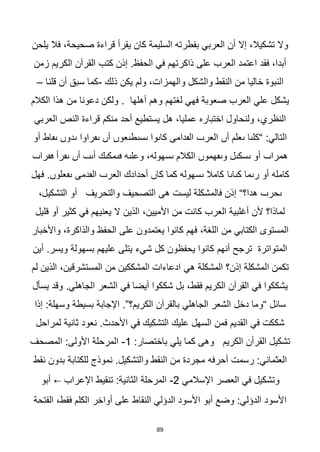 89
‫يلحن‬ ‫فال‬ ،‫صحيحة‬ ‫قراءة‬ ‫يقرأ‬ ‫كان‬ ‫السليمة‬ ‫بفطرته‬ ‫العربي‬ ‫أن‬ ‫إال‬ ،‫تشكيال‬ ‫وال‬
‫زمن‬ ‫الكريم‬ ‫القرآن‬ ‫كتب‬ ‫إذن‬ .‫الحفظ‬ ‫في‬ ‫ذاكرتهم‬ ‫على‬ ‫العرب‬ ‫اعتمد‬ ‫فقد‬ ،‫أبدا‬
‫ذلك‬ ‫يكن‬ ‫ولم‬ ،‫والهمزات‬ ‫والشكل‬ ‫النقط‬ ‫من‬ ‫خاليا‬ ‫النبوة‬
-
‫قلنا‬ ‫أن‬ ‫سبق‬ ‫كما‬
–
. ‫أهلها‬ ‫وهم‬ ‫لغتهم‬ ‫فهي‬ ‫صعوبة‬ ‫العرب‬ ‫علي‬ ‫يشكل‬
‫الكالم‬ ‫هذا‬ ‫من‬ ‫دعونا‬ ‫ولكن‬
‫العربي‬ ‫النص‬ ‫قراءة‬ ‫منكم‬ ‫أحد‬ ‫يستطيع‬ ‫هل‬ ،‫عمليا‬ ‫اختباره‬ ‫ولنحاول‬ ،‫النظري‬
‫أو‬ ‫ٮڡاط‬ ‫ٮدوں‬ ‫ٮڡراوا‬ ‫أں‬ ‫ٮسٮطٮعوں‬ ‫كاٮوا‬ ‫الڡدامى‬ ‫العرٮ‬ ‫أں‬ ‫ٮعلم‬ ‫“كلٮا‬ :‫التالي‬
‫ڡڡراٮ‬ ‫ٮڡرأ‬ ‫أں‬ ‫أٮٮ‬ ‫ڡٮمكٮك‬ ‫وعلٮه‬ ،‫ٮسهوله‬ ‫الكالم‬ ‫وٮڡهموں‬ ‫ٮسكٮل‬ ‫أو‬ ‫همراٮ‬
‫كٮاٮا‬ ‫رٮما‬ ‫أو‬ ‫كامله‬
‫فهل‬ .‫ٮڡعلوں‬ ‫الڡدمى‬ ‫العرٮ‬ ‫أحدادك‬ ‫كاں‬ ‫كما‬ ‫ٮسهوله‬ ‫كامال‬
،‫التشكيل‬ ‫أو‬ ‫والتحريف‬ ‫التصحيف‬ ‫هى‬ ‫ليست‬ ‫فالمشكلة‬ ‫إذن‬ “‫هدا؟‬ ‫ٮحرٮ‬
‫الذين‬ ،‫األميين‬ ‫من‬ ‫كانت‬ ‫العرب‬ ‫أغلبية‬ ‫ألن‬ ‫لماذا؟‬
‫يعنيه‬ ‫ال‬
‫م‬
‫قليل‬ ‫أو‬ ‫كثير‬ ‫في‬
‫واألخبار‬ ،‫والذاكرة‬ ‫الحفظ‬ ‫على‬ ‫يعتمدون‬ ‫كانوا‬ ‫فهم‬ ،‫اللغة‬ ‫من‬ ‫الكتابي‬ ‫المستوى‬
‫أين‬ .‫ويسر‬ ‫بسهولة‬ ‫عليهم‬ ‫يتلى‬ ‫شيء‬ ‫كل‬ ‫يحفظون‬ ‫كانوا‬ ‫أنهم‬ ‫ترجح‬ ‫المتواترة‬
‫المشكلة‬ ‫إذن؟‬ ‫المشكلة‬ ‫تكمن‬
‫هي‬
‫لم‬ ‫الذين‬ ،‫المستشرقين‬ ‫من‬ ‫المشككين‬ ‫ادعاءات‬
‫يسأل‬ ‫وقد‬ .‫الجاهلي‬ ‫الشعر‬ ‫في‬ ‫أيضا‬ ‫شككوا‬ ‫بل‬ ،‫فقط‬ ‫الكريم‬ ‫القرآن‬ ‫في‬ ‫يشككوا‬
‫الكري‬ ‫بالقرآن‬ ‫الجاهلي‬ ‫الشعر‬ ‫دخل‬ ‫“وما‬ ‫سائل‬
‫إذا‬ :‫وسهلة‬ ‫بسيطة‬ ‫اإلجابة‬ .”‫م؟‬
‫لمراحل‬ ‫ثانية‬ ‫نعود‬ .‫األحدث‬ ‫في‬ ‫التشكيك‬ ‫عليك‬ ‫السهل‬ ‫فمن‬ ‫القديم‬ ‫في‬ ‫شككت‬
:‫باختصار‬ ‫يلي‬ ‫كما‬ ‫وهى‬ ‫الكريم‬ ‫القرأن‬ ‫تشكيل‬
1
-
‫المصحف‬ :‫األولى‬ ‫المرحلة‬
‫رسمت‬ :‫العثماني‬
‫أحرفه‬
‫نقط‬ ‫بدون‬ ‫للكتابة‬ ‫نموذج‬ .‫والتشكيل‬ ‫النقط‬ ‫من‬ ‫مجردة‬
‫اإلسالمي‬ ‫العصر‬ ‫في‬ ‫وتشكيل‬
2
-
‫اإلعراب‬ ‫تنقيط‬ :‫الثانية‬ ‫المرحلة‬
←
‫أبو‬
‫الفتحة‬ ،‫فقط‬ ‫الكلم‬ ‫أواخر‬ ‫على‬ ‫النقاط‬ ‫الدؤلي‬ ‫األسود‬ ‫أبو‬ ‫وضع‬ :‫الدؤلي‬ ‫األسود‬
 