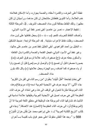 90
‫فعالمته‬ ‫اإلسكان‬ ‫وأما‬ ،‫بجواره‬ ‫والضمة‬ ،‫أسفله‬ ‫والكسرة‬ ،‫الحرف‬ ‫أعلى‬ ‫نقطة‬
‫كان‬ ‫إن‬ ‫ورأسيتان‬ ،‫مدغما‬ ‫كان‬ ‫إن‬ ‫متتابعتان‬ ‫فنقطتان‬ ‫التنوين‬ ‫وأما‬ .‫العالمة‬ ‫عدم‬
. ‫الشريف‬ ‫المصحف‬ ‫مداد‬ ‫للون‬ ‫مخالفة‬ ‫النقاط‬ ‫وتلك‬ .‫مظهرا‬
3
-
‫الثالثة‬ ‫المرحلة‬
‫اإلعجام‬ ‫تنقيط‬ :
←
،‫الدؤلي‬ ‫األسود‬ ‫أبي‬ ‫نقط‬ ‫نصر‬ ‫أبقى‬ :‫عاصم‬ ‫بن‬ ‫نصر‬
‫مداد‬ ‫لون‬ ‫على‬ ‫نقاطها‬ ‫وجعل‬ )‫ث‬ ، ‫ت‬ ، ‫(ب‬ ‫كنحو‬ ‫للحروف‬ ‫النقاط‬ ‫وأضاف‬
. ‫متباينة‬ ‫اإلعراب‬ ‫نقاط‬ ‫وظلت‬ ،‫المصحف‬
4
-
‫التشكيل‬ ‫ضبط‬ : ‫الرابعة‬ ‫المرحلة‬
←
،‫حالها‬ ‫على‬ ‫عاصم‬ ‫بن‬ ‫نصر‬ ‫نقط‬ ‫الخليل‬ ‫أبقى‬ .‫الفراهيدي‬ ‫أحمد‬ ‫بن‬ ‫الخليل‬
‫الفت‬ ‫فجعل‬ ،‫الدؤلي‬ ‫األسود‬ ‫أبي‬ ‫نقط‬ ‫وغير‬
‫النقاط؛‬ ‫بدل‬ ‫والكسرة‬ ‫والضمة‬ ‫حة‬
)‫(مد‬ ‫الحرف‬ ‫فوق‬ ‫ترسم‬ ‫عالمة‬ ‫والمد‬ ،‫صغيرة‬ )‫(ح‬ ‫حرف‬ ‫جعله‬ ‫والسكون‬
‫والوصل‬ )~( ‫تصبح‬ ‫أن‬ ‫قبل‬ ‫مصغرة‬ ‫بصورة‬
‫واوا‬ ‫تصبح‬ ‫أن‬ ‫قبل‬ )‫(ص‬ ‫ترسم‬
‫بلون‬ ‫ذلك‬ ‫وكل‬ )‫(ء‬ ‫عالمتها‬ ‫وجعل‬ ‫الهمزة‬ ‫رسم‬ ‫أضاف‬ ‫كما‬ ،‫صغيرة‬ ‫ياء‬ ‫أو‬
.‫المصحف‬ ‫مداد‬
”‫الكريم‬ ‫القرءان‬ ‫في‬ ‫التاء‬ ‫رسم‬ ‫“من‬ ِ‫وان‬ْ‫ن‬ُ‫ع‬ِ‫ب‬ ”ِ‫ت‬ْ‫ي‬َ‫ب‬ْ‫ال‬ ُ‫ل‬ْ‫ه‬َ‫“أ‬ ِ‫ة‬َ‫ع‬ِ‫ام‬َ‫ج‬ِ‫ل‬ ٍ‫ث‬ْ‫ح‬َ‫ب‬ ‫ي‬ِ‫ف‬*
“ :‫ي‬ِ‫ت‬ ْ
‫اآل‬ َ‫ء‬‫ا‬َ‫ج‬
‫يوج‬ ‫ال‬
‫د‬
‫وهذه‬،)‫مربوطة‬ ‫(تاء‬ ‫اسمه‬ ‫العربية‬ ‫االبجدية‬ ‫في‬ ‫حرف‬
‫التاء‬ ‫حرف‬ ‫الى‬ ‫امتداد‬ ‫وهي‬ ‫هاء‬ ‫الى‬ ‫الوقف‬ ‫في‬ ‫تتحول‬ ‫طارئة‬ ‫المربوطة‬ ‫التاء‬
‫في‬ ‫اساسية‬ ‫عالمة‬ ‫وظيفتها‬ ‫العربية‬ ‫االبجدية‬ ‫في‬ ‫اصيل‬ ‫حرف‬ ‫هي‬ ‫التي‬ ‫المفتوحة‬
‫ا‬ ‫العربية‬ ‫اللغة‬ ‫منطق‬ ‫في‬ ‫الوظيفة‬ ‫هذه‬ ‫المربوطة‬ ‫التاء‬ ‫تشاركها‬ ‫قد‬ ‫التأنيث‬
ّ‫أن‬ ‫ال‬
‫ي‬ِ‫ف‬ َ‫ء‬‫ا‬َ‫ج‬ َ‫و‬ ”.‫االضافة‬ ‫عند‬ )‫(االصل‬ ‫المفتوحة‬ ‫التاء‬ ‫حرف‬ ‫الى‬ ‫رد‬ٌ‫ت‬ )‫(المربوطة‬
ْ‫ق‬ِ‫ن‬ ْ‫ن‬َ‫ع‬ ‫محمد‬ ‫إبراهيم‬ ‫علي‬ ‫د‬ ‫ــ‬ِ‫ل‬ ”‫العربية‬ ‫الكتابة‬ ‫“تاريخ‬ ِ‫ب‬‫َا‬‫ت‬ِ‫ك‬
ِ‫خ‬‫ه‬‫ر‬َ‫ؤ‬ُ‫م‬ْ‫ال‬ َ‫ان‬َ‫ر‬َ‫ح‬ ِ
‫ش‬
568
‫بــــ”حران‬ ‫كنيسة‬ ‫باب‬ ‫فوق‬ ‫حجر‬ ‫اعلى‬ ‫ا‬‫ا‬‫ش‬‫منقو‬ ‫النقش‬ ‫هذا‬ ‫وجد‬ ” :‫م‬
 