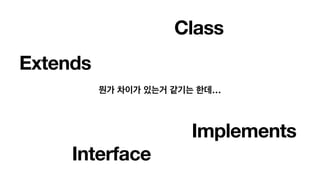 Interface
Implements
Extends
뭔가 차이가 있는거 같기는 한데…
Class
 