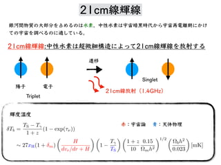 陽⼦ 電⼦
21cm線放射（1.4GHz）
銀河間物質 ⼤部分 占 ⽔素。中性⽔素 宇宙暗⿊時代 宇宙再電離期
宇宙 調 適 。
Singlet
Triplet
21cm線輝線:中性⽔素 超微細構造 21cm線輝線 放射
遷移
Tb =
TS T
1 + z
(1 exp(⌧⌫))
⇠ 27xH(1 + m)
✓
H
dvr/dr + H
◆ ✓
1
T
TS
◆ ✓
1 + z
10
0.15
⌦mh2
◆1/2 ✓
⌦bh2
0.023
◆
[mK]
輝度温度
⾚：宇宙論 ⻘：天体物理
21cm線輝線
 