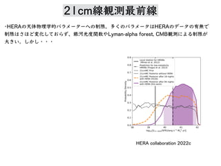 21cm線観測最前線
•HERA 天体物理学的 制限。多 HERA 有無
制限 変化 、銀河光度関数 Lyman-alpha forest, CMB観測 制限
⼤ 。 ・・・
HERA collaboration 2022c
 
