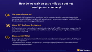 Source: https://www.weblineindia.com/blog/net-8-software-development-services-for-business-
The power of native AoT
Hire affordable .NET developers from our talented pool for native AoT, enabling higher-density sustainable
computing. Compile .NET apps into native code without memory concerns, eliminating the need for JIT (Just-in-
Time) compilation and enhancing your SDLC speed.
AI and .NET 8 software development
At WeblineIndia, we've exceeded client expectations by integrating AI and ML into computer programming. We
excel in collaborating with partners like Microsoft Teams, Azure OpenAI, and Azure Cognitive Search to ensure
your product is top-notch
Blazer and .NET MAUI
Balzer empowers .NET programmers with enhancements focused on optimizing page load time, flexibility, and
overall user experience.
.NET MAUI enhances reliability and performance, providing a single project system/codebase for seamless
deployment on Android and iOS.
How do we walk an extra mile as a dot net
development company?
04
05
06
 