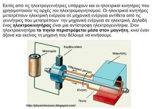 Εκτός από τις ηλεκτρογεννήτριες υπάρχουν και οι ηλεκτρικοί κινητήρες που
χρησιμοποιούν τις αρχές του ηλεκτρομαγνητισμού. Οι ηλεκτρικοί κινητήρες
μετατρέπουν ηλεκτρική ενέργεια σε μηχανική ενέργεια αντίθετα από τις
γεννήτριες που μετατρέπουν την μηχανική ενέργεια σε ηλεκτρική. Δηλαδή
ένας ηλεκτροκινητήρας είναι μια αντίστροφη ηλεκτρογεννήτρια. Στον
ηλεκτροκινητήρα το πηνίο περιστρέφεται μέσα στον μαγνήτη, κινεί έναν
άξονα και εκείνος τη μηχανή που θέλουμε να κινήσουμε.
http://physiclessons.blogspot.com/
 