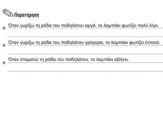Όταν γυρίζω τη ρόδα του ποδηλάτου αργά, το λαμπάκι φωτίζει πολύ λίγο.
Όταν γυρίζω τη ρόδα του ποδηλάτου γρήγορα, το λαμπάκι φωτίζει έντονα.
Όταν σταματώ τη ρόδα του ποδηλάτου, το λαμπάκι σβήνει.
 