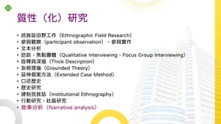 質性（化）研究
• 民族誌田野工作（Ethnographic Field Research）
• 參與觀察（participant observation）、參與實作
• 文本分析
• 訪談、焦點團體（Qualitative Interviewing、Focus Group Interviewing）
• 詮釋與深描（Thick Description）
• 紮根理論（Grounded Theory）
• 延伸個案方法（Extended Case Method）
• 口述歷史
• 歷史研究
• 建制民族誌（Institutional Ethnography）
• 行動研究、社區研究
• 敘事分析（Narrative analysis）
 