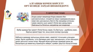 АЛҒАШҚЫ КӨМЕК КӨРСЕТУ
ӨРТ КЕЗІНДЕ ЗАРДАП ШЕККЕНДЕРГЕ
Іс-әрекеттерді талдау
Біздің қазіргі өмірімізде біздің өміріміз бен
денсаулығымыз, сондай-ақ жақын адамдарымыздың
өмірі мен денсаулығы белгілі бір жағдайда алғашқы
көмек көрсету үшін қажетті білім мен дағдыларға
байланысты болатын жағдайлар жиі кездеседі.
Көбінесе адамдар жалынның өзінен емес, көміртегі тотығымен уланудан
өледі. Бұған дүрбелең, түтін бөлмеде ұзақ тұру, жасырынуға, оттан жасыруға
деген ұмтылыс ықпал етеді. Мұндай мінез-құлықпен адамдар өзіне де,
басқаларға да көмектесу мүмкіндігін жіберіп, қымбат уақытын босқа өткізеді.
Әрбір адамда бұл қажетті білім болуы керек. Ең бастысы - дүрбелең емес,
барлық әрекеттерді тез, анық және сенімді орындау
 
