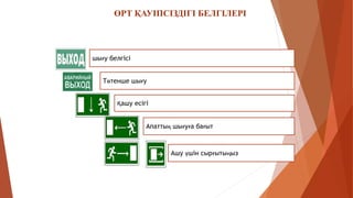 ӨРТ ҚАУІПСІЗДІГІ БЕЛГІЛЕРІ
шығу белгісі
Төтенше шығу
Қашу есігі
Ашу үшін сырғытыңыз
Апаттық шығуға бағыт
 