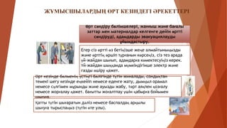 Егер сіз өртті өз бетіңізше жеңе алмайтыныңызды
және өрттің өршіп тұрғанын көрсеңіз, сіз тез арада
үй-жайдан шығып, адамдарға көмектесуіңіз керек.
Үй-жайдан шыққанда мүмкіндігінше электр және
газды өшіру қажет.
ЖҰМЫСШЫЛАРДЫҢ ӨРТ КЕЗІНДЕГІ ӘРЕКЕТТЕРІ
Өрт сөндіру бөлімшелері, жанғыш және бағалы
заттар мен материалдар келгенге дейін өртті
сөндіруді, адамдарды эвакуациялауды
ұйымдастыру.
Өрт кезінде бөлменің үстіңгі бөлігінде түтін жиналады, сондықтан
темекі шегу кезінде еңкейіп немесе еденге жату, дымқыл орамал
немесе сүлгімен мұрынды және ауызды жабу, төрт аяқпен қозғалу
немесе жорғалау қажет. бағытты жоғалтпау үшін қабырға бойымен
шығуға.
Қатты түтін шығаратын дәліз немесе баспалдақ арқылы
шығуға тырыспаңыз (түтін өте улы).
 
