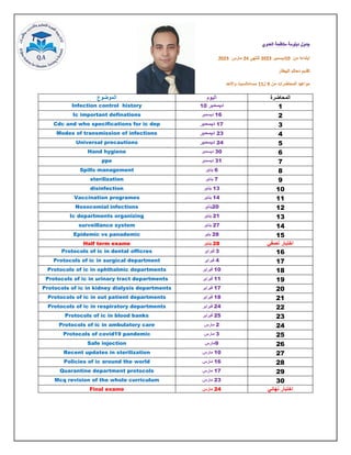 ‫الموضوع‬ ‫اليوم‬ ‫المحاضرة‬
Infection control history 10 ‫ديسمبر‬ 1
Ic important definations 16
‫ديسمبر‬ 2
Cdc and who specifications for ic dep 17
‫ديسمبر‬ 3
Modes of transmission of infections 23
‫ديسمبر‬ 4
Universal precautions 24
‫ديسمبر‬ 5
Hand hygiene 30
‫ديسمبر‬ 6
ppe 31
‫ديسمبر‬ 7
Spills management 6
‫يناير‬ 8
sterilization 7
‫يناير‬ 9
disinfection 13
‫يناير‬ 10
Vaccination programes 14
‫يناير‬ 11
Nosocomial infections 20
‫يناير‬ 12
Ic departments organizing 21
‫يناير‬ 13
surveillance system 27
‫يناير‬ 14
Epidemic vs panademic 28
‫ياير‬ 15
Half term exame 28
‫يناير‬ ‫نصفي‬ ‫اختبار‬
Protocols of ic in dental officres 3
‫فبراير‬ 16
Protocols of ic in surgical department 4
‫فبراير‬ 17
Protocols of ic in ophthalmic departments 10
‫فبراير‬ 18
Protocols of ic in urinary tract departments 11
‫فبراير‬ 19
Protocols of ic in kidney dialysis departments 17
‫فبراير‬ 20
Protocols of ic in out patient departments 18
‫فبراير‬ 21
Protocols of ic in respiratory departments 24
‫فبراير‬ 22
Protocols of ic in blood banks 25
‫فبراير‬ 23
Protocols of ic in ambulatory care 2
‫مارس‬ 24
Protocols of covid19 pandemic 3
‫مارس‬ 25
Safe injection 9
‫مارس‬ 26
Recent updates in sterilization 10
‫مارس‬ 27
Policies of ic around the world 16
‫مارس‬ 28
Quarantine department protocols 17
‫مارس‬ 29
Mcq revision of the whole curriculum 23
‫مارس‬ 30
Final exame 24
‫مارس‬ ‫اختبار‬
‫نهائي‬
 