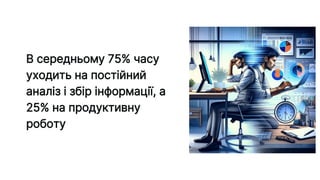 В середньому 75% часу
уходить на постійний
аналіз і збір інформації, а
25% на продуктивну
роботу
 