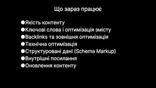 ●Якість контенту
●Ключові слова і оптимізація змісту
●Backlinks та зовнішня оптимізація
●Технічна оптимізація
●Структуровані дані (Schema Markup)
●Внутрішні посилання
●Оновлення контенту
Що зараз працює
 
