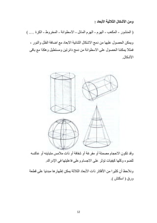 12
: ‫األبعاد‬ ‫الثالثية‬ ‫األشكال‬ ‫ومن‬
‫المنشور‬ (
-
‫المكعب‬
-
‫الهرم‬
-
‫المائل‬ ‫الهرم‬
-
‫االسطوانة‬
-
‫المخروط‬
-
) .… ‫الكرة‬
، ‫والنور‬ ‫الظل‬ ‫اضافة‬ ‫مع‬ ‫االبعاد‬ ‫الثنائية‬ ‫االشكال‬ ‫دمج‬ ‫من‬ ‫عليها‬ ‫الحصول‬ ‫ويمكن‬
‫باقى‬ ‫مع‬ ‫وهكذا‬ ‫ومستطيل‬ ‫دائرتين‬ ‫دمج‬ ‫من‬ ‫االسطوانة‬ ‫على‬ ‫الحصول‬ ‫يمكننا‬ ‫فمثال‬
.‫األشكال‬
‫عا‬ ‫أو‬ ‫متباينه‬ ‫مالمس‬ ‫ذات‬ ‫أو‬ ‫شفافة‬ ‫أو‬ ‫مفرغة‬ ‫أو‬ ‫مصمتة‬ ‫االحجام‬ ‫تكون‬ ‫وقد‬
‫كسه‬
.‫اإلدراك‬ ‫في‬ ‫فاعليتها‬ ‫وعلى‬ ‫االجسام‬ ‫على‬ ‫تؤثر‬ ‫كيفيات‬ ‫وكلها‬ ‫للضوء‬
‫قطعة‬ ‫على‬ ‫مبدئيا‬ ‫إظهارها‬ ‫يمكن‬ ‫الثالثة‬ ‫األبعاد‬ ‫ذات‬ ‫األفكار‬ ‫من‬ ‫كثيرا‬ ‫أن‬ ‫ونالحظ‬
.) ‫اسكتش‬ ( ‫ورق‬
 
