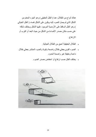 19
‫الح‬ ‫الظل‬ ( ‫هما‬ :‫الظالل‬ ‫من‬ ‫أنواع‬ ‫هناك‬
‫من‬ ‫المعتم‬ ‫الجزء‬ ‫وهو‬ ) ‫قيقي‬
‫الخيالي‬ ‫الظل‬ ( ،‫نفسه‬ ‫الشكل‬ ‫على‬ ‫ويكون‬ ‫إليه‬ ‫الضوء‬ ‫يصل‬ ‫لم‬ ‫الذي‬ ‫الشكل‬
‫شكله‬ ‫ويختلف‬ ‫الشكل‬ ‫عليها‬ ‫الموجود‬ ‫األرضية‬ ‫على‬ ‫الساقط‬ ‫الظل‬ ‫وهو‬ )
‫أو‬ ‫القرب‬ ‫أو‬ ‫البعد‬ ‫حيث‬ ‫من‬ ‫الشكل‬ ‫من‬ ‫األضاءة‬ ‫مصدر‬ ‫مكان‬ ‫حسب‬ ‫على‬
.‫االرتفاع‬
•
‫من‬ ‫أعمق‬ ‫الحقيقية‬ ‫الظالل‬
.‫الخيالية‬ ‫الظالل‬
•
‫ظالل‬ ‫يعطي‬ ‫المنتشر‬ ‫والضوء‬ ‫وقوية‬ ‫واضحة‬ ‫ظالل‬ ‫يعطي‬ ‫القوي‬ ‫الضوء‬
.‫الحدود‬ ‫واضحة‬ ‫غير‬ ‫وخفيفة‬ ‫ناعمة‬
•
.‫الضوء‬ ‫مصدر‬ ‫انخفاض‬ ‫أو‬ ‫ارتفاع‬ ‫حسب‬ ‫الظل‬ ‫يختلف‬
 