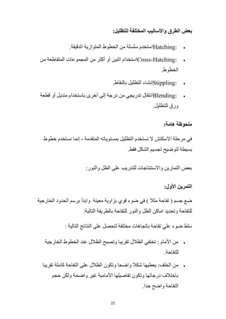 21
‫المختلف‬ ‫واألساليب‬ ‫الطرق‬ ‫بعض‬
:‫للتظليل‬ ‫ة‬
•
Hatching:
.‫الدقيقة‬ ‫المتوازية‬ ‫الخطوط‬ ‫من‬ ‫سلسلة‬ ‫استخدم‬
•
Cross-Hatching:
‫من‬ ‫المتقاطعة‬ ‫المجموعات‬ ‫من‬ ‫أكثر‬ ‫أو‬ ‫اثنين‬ ‫استخدام‬
.‫الخطوط‬
•
Stippling:
.‫بالنقاط‬ ‫التظليل‬ ‫إنشاء‬
•
Blending:
‫قطعة‬ ‫أو‬ ‫منديل‬ ‫باستخدام‬ ‫أخرى‬ ‫إلى‬ ‫درجة‬ ‫من‬ ‫تدريجي‬ ‫انتقال‬
.‫للتظليل‬ ‫ورق‬
:‫هامة‬ ‫ملحوظة‬
‫خطوط‬ ‫نستخدم‬ ‫إنما‬ ، ‫المتقدمة‬ ‫بمستوياته‬ ‫التظليل‬ ‫نستخدم‬ ‫ال‬ ‫االسكتش‬ ‫مرحلة‬ ‫في‬
.‫فقط‬ ‫الشكل‬ ‫تجسيم‬ ‫لتوضيح‬ ‫بسيطة‬
:‫والنور‬ ‫الظل‬ ‫على‬ ‫للتدريب‬ ‫واالستنتاجات‬ ‫التمارين‬ ‫بعض‬
:‫األول‬ ‫التمرين‬
‫معينة‬ ‫بزاوية‬ ‫قوي‬ ‫ضوء‬ ‫في‬ ) ‫مثال‬ ‫تفاحة‬ ( ‫جسم‬ ‫ضع‬
‫الخارجية‬ ‫الحدود‬ ‫برسم‬ ‫وابدأ‬
:‫التالية‬ ‫بالطريقة‬ ‫للتفاحة‬ ‫والنور‬ ‫الظل‬ ‫اماكن‬ ‫وتحديد‬ ‫للتفاحة‬
: ‫التالية‬ ‫النتائج‬ ‫على‬ ‫لتحصل‬ ‫مختلفة‬ ‫باتجاهات‬ ‫تفاحة‬ ‫علي‬ ‫ضوء‬ ‫سلط‬
•
‫الخارجية‬ ‫الخطوط‬ ‫عند‬ ‫الظالل‬ ‫وتصبح‬ ‫تقريبا‬ ‫الظالل‬ ‫تختفي‬ : ‫األمام‬ ‫من‬
.‫للتفاحة‬
•
‫التفاحة‬ ‫على‬ ‫الظالل‬ ‫وتكون‬ ‫واضحا‬ ‫شكال‬ ‫يعطيها‬ :‫الخلف‬ ‫من‬
‫تقريبا‬ ‫كاملة‬
‫حجم‬ ‫ولكن‬ ‫واضحة‬ ‫غير‬ ‫األمامية‬ ‫تفاصيلها‬ ‫وتكون‬ ‫درجاتها‬ ‫باختالف‬
.‫جدا‬ ‫واضح‬ ‫التفاحة‬
 