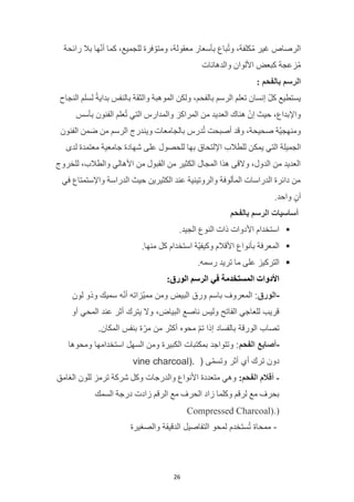 26
‫رائحة‬ ‫بال‬ ‫ها‬ّ‫ن‬‫أ‬ ‫كما‬ ،‫للجميع‬ ‫فرة‬ ّ‫ومتو‬ ،‫معقولة‬ ‫بأسعار‬ ‫باع‬ُ‫ت‬‫و‬ ،‫كلفة‬ُ‫م‬ ‫غير‬ ‫الرصاص‬
‫والدهانات‬ ‫األلوان‬ ‫كبعض‬ ‫زعجة‬ُ‫م‬
‫بالفحم‬ ‫الرسم‬
:
‫النجاح‬ ‫لسلم‬ ً‫ة‬‫بداي‬ ‫بالنفس‬ ‫والثقة‬ ‫الموهبة‬ ‫ولكن‬ ،‫بالفحم‬ ‫الرسم‬ ‫تعلم‬ ‫إنسان‬ ّ‫ل‬‫ك‬ ‫يستطيع‬
‫بأسس‬ ‫الفنون‬ ‫علم‬ُ‫ت‬ ‫التي‬ ‫والمدارس‬ ‫المراكز‬ ‫من‬ ‫العديد‬ ‫هناك‬ ّ‫إن‬ ‫حيث‬ ،‫واإلبداع‬
‫الفنون‬ ‫ضمن‬ ‫من‬ ‫الرسم‬ ‫ويندرج‬ ‫بالجامعات‬ ‫درس‬ُ‫ت‬ ‫أصبحت‬ ‫وقد‬ ،‫صحيحة‬ ‫ّة‬‫ي‬‫ومنهج‬
‫يمك‬ ‫التي‬ ‫الجميلة‬
‫لدى‬ ‫معتمدة‬ ‫جامعية‬ ‫شهادة‬ ‫على‬ ‫للحصول‬ ‫بها‬ ‫اإللتحاق‬ ‫للطالب‬ ‫ن‬
‫للخروج‬ ،‫والطالب‬ ‫األهالي‬ ‫من‬ ‫القبول‬ ‫من‬ ‫الكثير‬ ‫المجال‬ ‫هذا‬ ‫والقى‬ ،‫الدول‬ ‫من‬ ‫العديد‬
‫في‬ ‫واإلستمتاع‬ ‫الدراسة‬ ‫حيث‬ ‫الكثيرين‬ ‫عند‬ ‫والروتينية‬ ‫المألوفة‬ ‫الدراسات‬ ‫دائرة‬ ‫من‬
.‫واحد‬ ٍ‫آن‬
‫بالفحم‬ ‫الرسم‬ ‫أساسيات‬
▪
.‫الجيد‬ ‫النوع‬ ‫ذات‬ ‫األدوات‬ ‫استخدام‬
▪
.‫منها‬ ‫كل‬ ‫استخدام‬ ‫ّة‬‫ي‬‫وكيف‬ ‫األقالم‬ ‫بأنواع‬ ‫المعرفة‬
▪
.‫رسمه‬ ‫تريد‬ ‫ما‬ ‫على‬ ‫التركيز‬
:‫الورق‬ ‫الرسم‬ ‫في‬ ‫المستخدمة‬ ‫األدوات‬
-
‫الورق‬
‫لون‬ ‫وذو‬ ‫سميك‬ ‫ه‬ّ‫ن‬‫أ‬ ‫ّزاته‬‫ي‬‫مم‬ ‫ومن‬ ‫البيض‬ ‫ورق‬ ‫باسم‬ ‫المعروف‬ :
‫يترك‬ ‫وال‬ ،‫البياض‬ ‫ناصع‬ ‫وليس‬ ‫الفاتح‬ ‫للعاجي‬ ‫قريب‬
‫أو‬ ‫المحي‬ ‫عند‬ ‫أثر‬
.‫المكان‬ ‫بنفس‬ ‫ة‬ّ‫مر‬ ‫من‬ ‫أكثر‬ ‫محوه‬ ّ‫م‬‫ت‬ ‫إذا‬ ‫بالفساد‬ ‫الورقة‬ ‫تصاب‬
-
‫الفحم‬ ‫أصابع‬
‫ومحوها‬ ‫استخدامها‬ ‫السهل‬ ‫ومن‬ ‫الكبيرة‬ ‫بمكتبات‬ ‫وتتواجد‬ :
( ‫ى‬ّ‫م‬‫وتس‬ ‫أثر‬ ‫أي‬ ‫ترك‬ ‫دون‬
vine charcoal).
-
:‫الفحم‬ ‫أقالم‬
‫الغامق‬ ‫للون‬ ‫ترمز‬ ‫شركة‬ ‫وكل‬ ‫والدرجات‬ ‫األنواع‬ ‫متعددة‬ ‫وهي‬
‫السمك‬ ‫درجة‬ ‫زادت‬ ‫الرقم‬ ‫مع‬ ‫الحرف‬ ‫زاد‬ ‫وكلما‬ ‫لرقم‬ ‫مع‬ ‫بحرف‬
(
Compressed Charcoal).
-
‫والصغيرة‬ ‫الدقيقة‬ ‫التفاصيل‬ ‫لمحو‬ ‫ستخدم‬ُ‫ت‬ ‫ممحاة‬
 