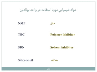 46
‫بوتادين‬‫واحد‬‫در‬ ‫استفاده‬‫د‬‫ر‬‫مو‬‫ي‬‫شيمياي‬‫مواد‬
NMP ‫حالل‬
TBC Polymer inhibitor
SDN Solvent inhibitor
Silicone oil ‫ف‬‫ك‬‫ضد‬
 