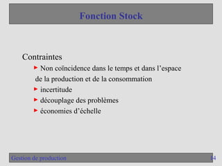 14
Gestion de production
Fonction Stock
Contraintes
► Non coïncidence dans le temps et dans l’espace
de la production et de la consommation
► incertitude
► découplage des problèmes
► économies d’échelle
 