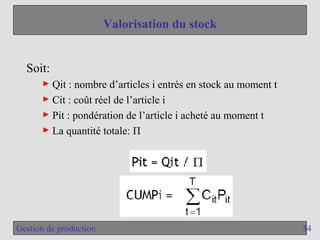34
Gestion de production
Valorisation du stock
Soit:
► Qit : nombre d’articles i entrés en stock au moment t
► Cit : coût réel de l’article i
► Pit : pondération de l’article i acheté au moment t
► La quantité totale: Π
 