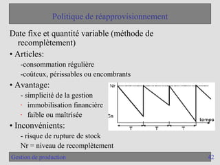 42
Gestion de production
Politique de réapprovisionnement
Date fixe et quantité variable (méthode de
recomplètement)
• Articles:
-consommation régulière
-coûteux, périssables ou encombrants
• Avantage:
- simplicité de la gestion
- immobilisation financière
- faible ou maîtrisée
• Inconvénients:
- risque de rupture de stock
Nr = niveau de recomplètement
 