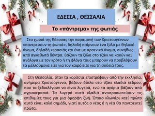 ΕΔΕΣΣΑ , ΘΕΣΣΑΛΙΑ
Το «πάντρεμα» της φωτιάς
Στα χωριά της Έδεσσας την παραμονή των Χριστουγέννων
«παντρεύουν τη φωτιά», δηλαδή παίρνουν ένα ξύλο με θηλυκό
όνομα, δηλαδή κερασιάς και ένα με αρσενικό όνομα, συνήθως
από αγκαθωτά δέντρα. Βάζουν τα ξύλα στο τζάκι να καούν και
ανάλογα με τον κρότο ή τη φλόγα τους μπορούν να προβλέψουν
τα μελλούμενα είτε για τον καιρό είτε για τη σοδειά τους.
Στη Θεσσαλία, όταν τα κορίτσια επιστρέφουν από την εκκλησία,
ανήμερα Χριστούγεννα, βάζουν δίπλα στο τζάκι κλαδιά κέδρου,
που τα ξεδιαλέγουν να είναι λυγερά, ενώ τα αγόρια βάζουν από
αγριοκερασιά. Τα λυγερά αυτά κλαδιά αντιπροσωπεύουν τις
επιθυμίες τους για μια όμορφη ζωή. Όποιο κλωνάρι καεί πρώτο
αυτό είναι καλό σημάδι, γιατί αυτός ο νέος ή η νέα θα παντρευτεί
πρώτα.
 