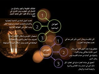 ‫كبي‬ ‫ثير‬
‫أ‬
‫تا‬‫الدين‬‫جال‬‫ر‬‫و‬ ‫للكنيسة‬‫كان‬
‫في‬ ً‫جدا‬‫ر‬
‫و‬‫از‬‫ر‬‫الط‬‫هذا‬‫معالم‬‫تحديد‬
‫رجال‬‫من‬‫كانوا‬ ‫الدول‬‫هذه‬‫ساء‬‫ؤ‬‫ر‬‫معظم‬
‫مر‬
‫أ‬
‫وال‬‫ما‬‫و‬‫ر‬‫في‬ ً‫مثل‬ ‫فالبابا‬،‫الدين‬
‫اء‬
‫الكنيس‬‫خدام‬‫من‬ ‫لمانيا‬
‫أ‬
‫ا‬‫في‬‫والملوك‬
‫ومن‬ ‫ة‬
‫الدين‬‫رجال‬
‫انجل‬‫في‬‫يا‬‫ر‬‫ما‬‫اء‬‫ر‬‫العذ‬‫عبادة‬‫في‬‫التعمق‬
‫كل‬ ،‫ا‬‫ر‬‫ت‬
‫والد‬‫الكنائس‬ ‫بناء‬‫انتشار‬‫لى‬‫إ‬‫ا‬ ‫دى‬
‫أ‬
‫ا‬‫ذلك‬
‫يرة‬
‫والرجال‬ ‫للنساء‬‫والرهبنة‬
‫من‬ ‫والمناخ‬ ‫والجو‬ ‫الطبيعة‬ ‫اختالف‬
‫إلى‬ ‫الشرق‬ ‫ومن‬ ‫الجنوب‬ ‫إلى‬ ‫الشمال‬
‫أصول‬ ‫تحديد‬ ‫على‬ ‫كثيرا‬ ‫ساعد‬ ‫الغرب‬
‫ثابتة‬
‫ي‬‫ر‬‫المعما‬ ‫الناحية‬‫من‬‫ثابتة‬‫صول‬
‫أ‬
‫ا‬‫تحديد‬
‫ة‬
‫ال‬‫وسقوط‬‫الفتحات‬ ‫تحديد‬‫ك‬ ‫والنشائية‬
‫ظل‬
‫الخارجية‬‫الحوائط‬‫على‬‫الظل‬‫وشبه‬
‫المائلة‬ ‫سقف‬
‫أ‬
‫ال‬‫شكال‬
‫أ‬
‫وا‬‫نيش‬‫ر‬‫الك‬ ‫استعمال‬
‫والستعمالت‬‫والثلوج‬‫المطر‬‫مياه‬‫يف‬‫ر‬‫لتص‬
‫ا‬ ‫ات‬‫ر‬‫المم‬‫شكال‬
‫أ‬
‫ا‬‫از‬‫ر‬‫ب‬‫إ‬‫ا‬‫و‬ ‫تحديد‬‫في‬ ‫المختلفة‬
‫لمسقوفة‬
1
2
3
1
2
3
‫العوامل‬
‫الدينية‬
‫العوامل‬
‫المناخية‬
 