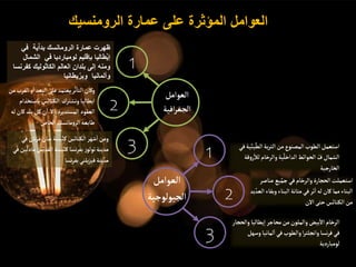 ‫الرومنسيك‬ ‫عمارة‬ ‫على‬ ‫المؤثرة‬ ‫العوامل‬
ٌ‫ين‬
ٌ
‫الط‬‫بة‬‫ر‬‫الت‬‫من‬‫المصنوع‬‫الطوب‬‫استعمل‬
‫في‬‫ية‬
‫رو‬‫أ‬
‫لل‬‫والرخام‬‫ية‬
ٌ
‫الداخل‬‫الحوائط‬ ً
‫ف‬‫الشمال‬
‫قة‬
‫الخارجية‬
‫عنا‬‫يع‬ٌ‫جم‬‫في‬‫والرخام‬ ‫الحجارة‬‫استعملت‬
‫صر‬
‫وب‬‫البناء‬‫متانة‬‫في‬‫ثر‬
‫أ‬
‫ا‬‫له‬‫كان‬‫مما‬‫البناء‬
‫يد‬ ٌ‫العد‬ ‫قاء‬
‫الن‬‫حتى‬‫الكنائس‬‫من‬
‫وال‬‫يطاليا‬‫إ‬‫ا‬ ‫محاجر‬‫من‬‫والملون‬‫بيض‬
‫أ‬
‫ال‬‫الرخام‬
‫حجار‬
‫وسه‬‫لمانيا‬
‫أ‬
‫ا‬‫في‬‫والطوب‬‫ا‬‫ر‬‫وانجلت‬‫نسا‬‫ر‬‫ف‬‫في‬
‫ل‬
‫لومباردية‬
‫في‬ ‫ية‬ٌ‫ا‬‫بد‬ ‫الرومانسك‬ ‫عمارة‬ ‫ظهرت‬
‫الش‬ ‫في‬ ‫لومبارديا‬ ‫بإقليم‬ ‫طاليا‬ٌ‫ي‬‫إ‬
‫مال‬
‫كف‬ ‫الكاثوليك‬ ‫العالم‬ ‫بلدان‬ ‫إلى‬ ‫ومنه‬
‫رنسا‬
‫يطانيا‬ٌ‫وبر‬ ‫وألمانيا‬
‫ا‬‫و‬
‫أ‬
‫ا‬‫البعد‬‫على‬‫ٌيعتمد‬‫ر‬
ٌ
‫ث‬
‫أ‬
‫التا‬‫وكان‬
‫من‬‫لقرب‬
‫باستخد‬‫الكنائس‬ ‫وتشترك‬‫ايطاليا‬
‫ام‬
‫كا‬‫بلد‬‫كل‬‫ن‬
‫أ‬
‫ا‬ ‫ل‬‫إ‬‫ا‬ ‫المستديرة‬‫العقود‬
‫له‬‫ن‬
‫الخاص‬ ً
‫الرومانسك‬‫طابعه‬
‫ف‬‫تان‬‫ر‬‫م‬‫سان‬‫يسة‬ٌ‫كن‬‫الكنائس‬‫شهر‬
‫أ‬
‫ا‬‫ومن‬
‫ي‬
ٌ‫القدي‬‫يسة‬ٌ‫كن‬‫نسا‬‫ر‬‫بف‬ ‫تولوز‬‫مدينة‬
‫ي‬ً‫ف‬‫ين‬
ٌ
‫مادل‬‫س‬
‫نسا‬‫ر‬‫بف‬‫يلني‬‫ز‬‫في‬‫ينة‬ ٌ‫مد‬
1
2
3 1
2
3
‫العوامل‬
‫الجيولوجية‬
‫العوامل‬
‫افية‬‫ر‬‫الجغ‬
 
