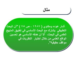 ‫أشار‬
‫عوده‬
‫ومكاوي‬
(
١٩٨٧
،
‫ص‬
٧٥
)
"
‫أن‬
‫البحث‬
‫التطبيقي‬
‫يشترك‬
‫مع‬
‫البحث‬
‫األساسي‬
‫في‬
‫تطبيق‬
‫المنهج‬
‫العلمي‬
‫في‬
،‫البحث‬
‫آال‬
‫أن‬
‫هدفه‬
‫األساسي‬
‫هو‬
‫تحسين‬
‫الواقع‬
‫العلمي‬
‫من‬
‫خالل‬
‫اختبار‬
‫النظريات‬
‫في‬
‫مواقف‬
‫حقيقية‬
"
.
‫مثال‬
 