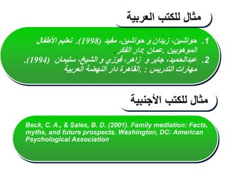 .1
‫مفيد‬ ،‫حواشين‬ ‫و‬ ‫زيدان‬ ،‫حواشين‬
(
1998
.)
‫األطفال‬ ‫تعليم‬
‫الموهوبين‬
.
‫عمان‬
:
‫الفكر‬ ‫دار‬
.
.2
‫سليمان‬ ،‫الشيخ‬ ‫و‬ ‫فوزي‬ ،‫زاهر‬ ‫و‬ ‫جابر‬ ،‫عبدالحميد‬
(
1994
.)
‫التدريس‬ ‫مهارات‬
. :
‫العربية‬ ‫النهضة‬ ‫دار‬ ‫القاهرة‬
‫مثال‬
‫للكتب‬
‫العربية‬
‫مثال‬
‫للكتب‬
‫األجنبية‬
Beck, C. A., & Sales, B. D. (2001). Family mediation: Facts,
myths, and future prospects. Washington, DC: American
Psychological Association.
 