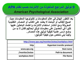 ‫ح‬ ‫المعلومات‬ ‫تكنولوجيا‬ ‫و‬ ‫المعلومات‬ ‫عالم‬ ‫في‬ ‫الهائل‬ ‫التطور‬ ‫بعد‬
‫يث‬
‫التق‬ ‫المصادر‬ ‫أو‬ ‫الكتاب‬ ‫على‬ ‫يعتمد‬ ‫ال‬ ‫الباحث‬ ‫أو‬ ‫الطالب‬ ‫اصبح‬
‫ليدية‬
‫عل‬ ‫الباحثين‬ ‫واعتماد‬ ‫أالنترنت‬ ‫استخدام‬ ‫انتشار‬ ‫ومع‬ ‫المعروفة‬
‫يها‬
‫م‬ ‫بد‬ ‫ال‬ ‫فكان‬ ‫أبحاثهم‬ ‫توثق‬ ‫معلومات‬ ‫على‬ ‫الحصول‬ ‫في‬ ‫كثيرا‬
‫ن‬
‫المصادر‬ ‫هذه‬ ‫توثيق‬ ‫لكيفية‬ ‫علمية‬ ‫اسس‬ ‫وضع‬
.
‫التوثيق‬ ‫كيفية‬ ‫حول‬ ‫ملخص‬ ‫يلي‬ ‫وفيما‬
:
http://www.apa.org/monitor/octoo/workplace.html
Hypertext transfer protocol
http
Host name
www.apa.org
Path to document
/monitor/octoo
File Name
workplace.html
9
‫نظام‬ ‫حسب‬ ‫اإلنترنت‬ ‫من‬ ‫المأخوذة‬ ‫المراجع‬ ‫توثيق‬
APA
American Psychological Association
 