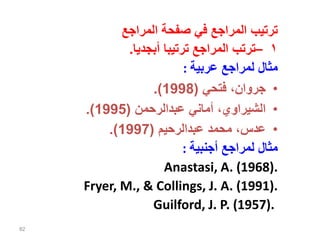 ‫المراجع‬ ‫صفحة‬ ‫في‬ ‫المراجع‬ ‫ترتيب‬
١
–
‫أبجديا‬ ‫ترتيبا‬ ‫المراجع‬ ‫ترتب‬
.
‫عربية‬ ‫لمراجع‬ ‫مثال‬
:
•
‫فتحي‬ ،‫جروان‬
(
1998
.)
•
‫عبدالرحمن‬ ‫أماني‬ ،‫الشيراوي‬
(
1995
.)
•
‫عبدالرحيم‬ ‫محمد‬ ،‫عدس‬
(
1997
.)
‫أجنبية‬ ‫لمراجع‬ ‫مثال‬
:
Anastasi, A. (1968).
Fryer, M., & Collings, J. A. (1991).
Guilford, J. P. (1957).
82
 