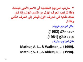 ٧
–
‫للب‬ ‫األخير‬ ‫االسم‬ ‫في‬ ‫المتشابه‬ ‫المراجع‬ ‫ترتب‬
‫احث‬
‫كان‬ ‫وإذا‬ ‫األول‬ ‫االسم‬ ‫من‬ ‫األول‬ ‫الحرف‬ ‫لترتيب‬ ‫وفقا‬
‫ال‬ ‫الحرف‬ ‫إلى‬ ‫فينظر‬ ‫األول‬ ‫الحرف‬ ‫في‬ ‫تشابه‬ ‫هناك‬
‫ثاني‬
‫وهكذا‬
.
‫عربية‬ ‫لمراجع‬ ‫مثال‬
:
‫جالل‬ ،‫جرار‬
(
1983
.)
‫صالح‬ ،‫جرار‬
(
1981
.)
‫أجنبية‬ ‫لمراجع‬ ‫مثال‬
:
Mathur, A. L., & Wallston, J. (1999).
Mathur, S. E., & Ahlers, R. J. (1998).
88
 