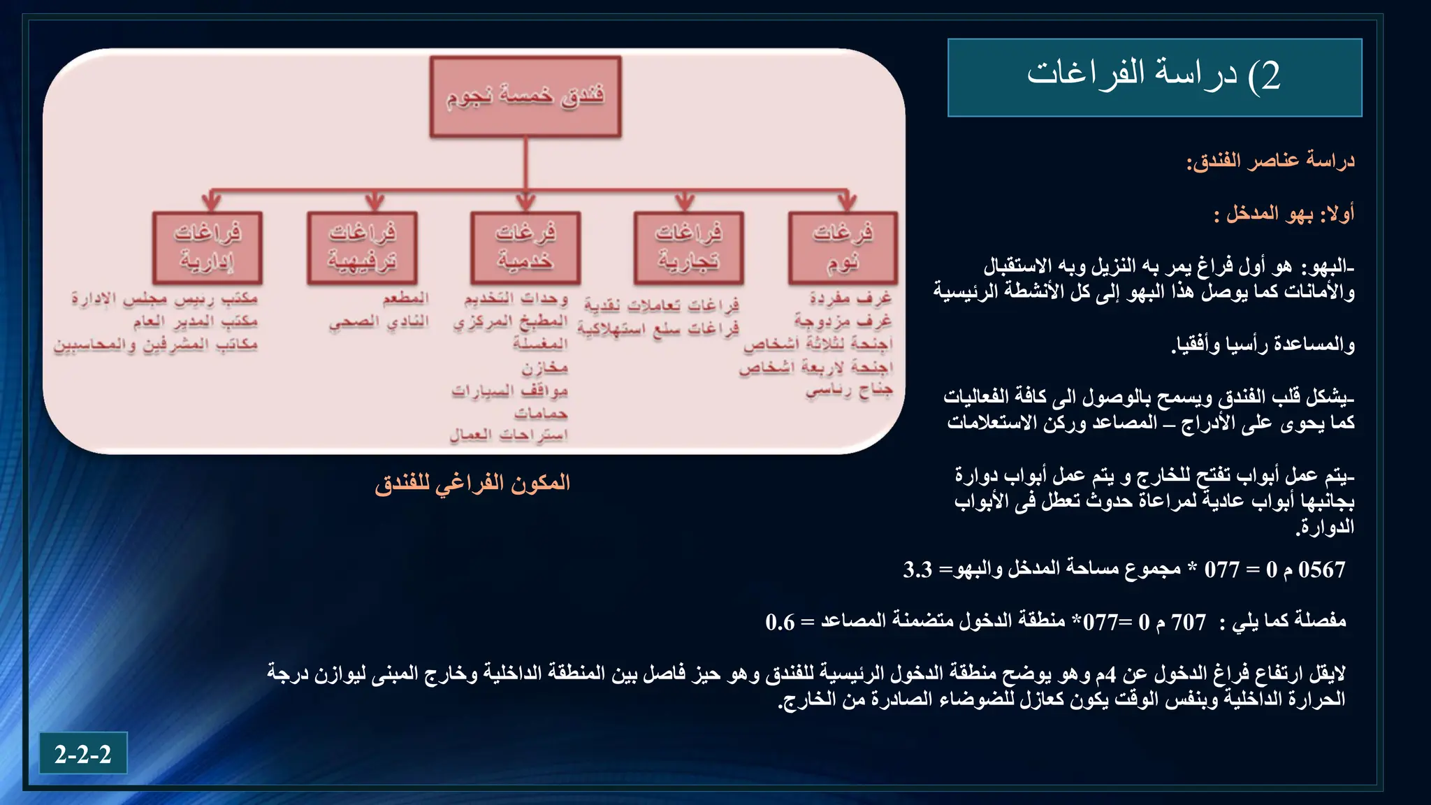 2
)
‫الفراغات‬ ‫دراسة‬
2-2-2
‫الفندق‬ ‫عناصر‬ ‫دراسة‬
:
‫أوال‬
:
‫المدخل‬ ‫بهو‬
:
-
‫البهو‬
:
‫االستقبال‬ ‫وبه‬ ‫النزيل‬ ‫به‬ ‫يمر‬ ‫فراغ‬ ‫أول‬ ‫هو‬
‫الرئيسية‬ ‫األنشطة‬ ‫كل‬ ‫إلى‬ ‫البهو‬ ‫هذا‬ ‫يوصل‬ ‫كما‬ ‫واألمانات‬
‫وأفقيا‬ ‫رأسيا‬ ‫والمساعدة‬
.
-
‫الفعاليات‬ ‫كافة‬ ‫الى‬ ‫بالوصول‬ ‫ويسمح‬ ‫الفندق‬ ‫قلب‬ ‫يشكل‬
‫األدراج‬ ‫على‬ ‫يحوى‬ ‫كما‬
–
‫االستعالمات‬ ‫وركن‬ ‫المصاعد‬
-
‫دوارة‬ ‫أبواب‬ ‫عمل‬ ‫يتم‬ ‫و‬ ‫للخارج‬ ‫تفتح‬ ‫أبواب‬ ‫عمل‬ ‫يتم‬
‫تعطل‬ ‫حدوث‬ ‫لمراعاة‬ ‫عادية‬ ‫أبواب‬ ‫بجانبها‬
‫فى‬
‫األبواب‬
‫الدوارة‬
.
‫الفراغي‬ ‫المكون‬
‫للفندق‬
0567
‫م‬
0
=
077
*
‫والبهو‬ ‫المدخل‬ ‫مساحة‬ ‫مجموع‬
=
3.3
‫يلي‬ ‫كما‬ ‫مفصلة‬
:
707
‫م‬
0
=
077
*
‫المصاعد‬ ‫متضمنة‬ ‫الدخول‬ ‫منطقة‬
=
0.6
‫اليقل‬
‫عن‬ ‫الدخول‬ ‫فراغ‬ ‫ارتفاع‬
4
‫بين‬ ‫فاصل‬ ‫حيز‬ ‫وهو‬ ‫للفندق‬ ‫الرئيسية‬ ‫الدخول‬ ‫منطقة‬ ‫يوضح‬ ‫وهو‬ ‫م‬
‫الداخلية‬ ‫المنطقة‬
‫درجة‬ ‫ليوازن‬ ‫المبنى‬ ‫وخارج‬
‫الصادرة‬ ‫للضوضاء‬ ‫كعازل‬ ‫يكون‬ ‫الوقت‬ ‫وبنفس‬ ‫الداخلية‬ ‫الحرارة‬
‫الخارج‬ ‫من‬
.
 