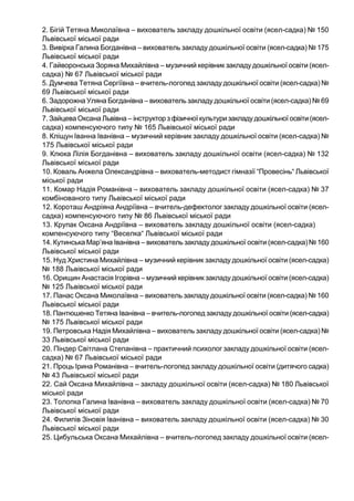 2. Бігій Тетяна Миколаївна – вихователь закладу дошкільної освіти (ясел-садка) № 150
Львівської міської ради
3. Вивірка Галина Богданівна – вихователь закладу дошкільної освіти (ясел-садка) № 175
Львівської міської ради
4. Гайворонська Зоряна Михайлівна – музичний керівник закладу дошкільної освіти (ясел-
садка) № 67 Львівської міської ради
5. Думчева Тетяна Сергіївна – вчитель-логопед закладу дошкільної освіти (ясел-садка) №
69 Львівської міської ради
6. Задорожна Уляна Богданівна – вихователь закладу дошкільної освіти (ясел-садка) № 69
Львівської міської ради
7. Зайцева Оксана Львівна – інструктор з фізичної культуризакладудошкільної освіти (ясел-
садка) компенсуючого типу № 165 Львівської міської ради
8. Кліщун Іванна Іванівна – музичний керівник закладу дошкільної освіти (ясел-садка) №
175 Львівської міської ради
9. Клюка Лілія Богданівна – вихователь закладу дошкільної освіти (ясел-садка) № 132
Львівської міської ради
10. Коваль Анжела Олександрівна – вихователь-методист гімназії “Провесінь“ Львівської
міської ради
11. Комар Надія Романівна – вихователь закладу дошкільної освіти (ясел-садка) № 37
комбінованого типу Львівської міської ради
12. Короташ Андріяна Андріївна – вчитель-дефектолог закладу дошкільної освіти (ясел-
садка) компенсуючого типу № 86 Львівської міської ради
13. Крупак Оксана Андріївна – вихователь закладу дошкільної освіти (ясел-садка)
компенсуючого типу “Веселка“ Львівської міської ради
14. Кутинська Мар’яна Іванівна – вихователь закладу дошкільної освіти (ясел-садка)№160
Львівської міської ради
15. Нуд Христина Михайлівна – музичний керівник закладу дошкільної освіти (ясел-садка)
№ 188 Львівської міської ради
16. Орищин Анастасія Ігорівна – музичний керівник закладу дошкільної освіти (ясел-садка)
№ 125 Львівської міської ради
17. Панас Оксана Миколаївна – вихователь закладу дошкільної освіти (ясел-садка) № 160
Львівської міської ради
18. Пантюшенко Тетяна Іванівна – вчитель-логопед закладу дошкільної освіти (ясел-садка)
№ 175 Львівської міської ради
19. Петровська Надія Михайлівна – вихователь закладу дошкільної освіти (ясел-садка) №
33 Львівської міської ради
20. Піндер Світлана Степанівна – практичний психолог закладу дошкільної освіти (ясел-
садка) № 67 Львівської міської ради
21. Проць Ірина Романівна – вчитель-логопед закладу дошкільної освіти (дитячого садка)
№ 43 Львівської міської ради
22. Сай Оксана Михайлівна – закладу дошкільної освіти (ясел-садка) № 180 Львівської
міської ради
23. Толопка Галина Іванівна – вихователь закладу дошкільної освіти (ясел-садка) № 70
Львівської міської ради
24. Филипів Зіновія Іванівна – вихователь закладу дошкільної освіти (ясел-садка) № 30
Львівської міської ради
25. Цибульська Оксана Михайлівна – вчитель-логопед закладу дошкільної освіти (ясел-
 