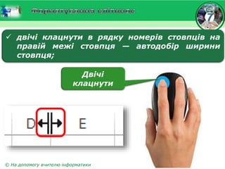 © На допомогу вчителю інформатики
 двічі клацнути в рядку номерів стовпців на
правій межі стовпця — автодобір ширини
стовпця;
Двічі
клацнути
 