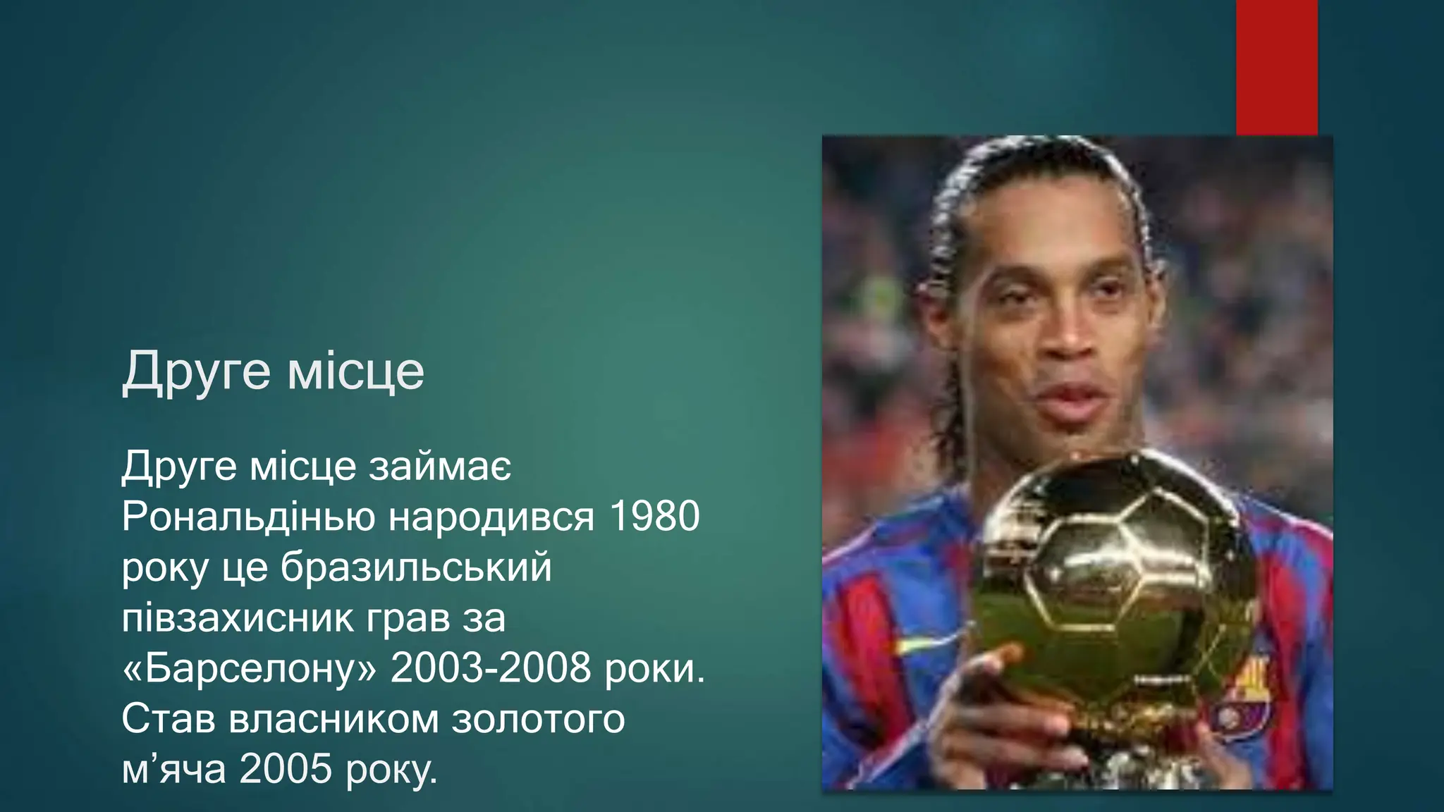 Друге місце
Друге місце займає
Рональдінью народився 1980
року це бразильський
півзахисник грав за
«Барселону» 2003-2008 роки.
Став власником золотого
м’яча 2005 року.
 