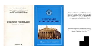 Театральна Тернопільщина : бібліогр. покажч. /
Терноп. обл. універс. наук. б-ка, Терноп. обл. драм.
театр ім. Т. Шевченка ; уклад.: П. К. Медведик, В. Я.
Миськів, Н. К. Іванко ; авт. передм. П. К. Медведик.
— Т. : Підручники і посібники, 2001. — 264 с.
Літературна Тернопільщина : бібліогр. покажч. /
Терноп. держ. обл. універс. наук. б-ка ; упоряд. Н. К.
Іванко. — Тернопіль, 1992. — 55 с.
 