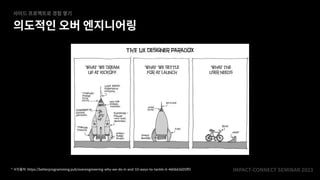IMPACT-CONNECT SEMINAR
2
0
2
3
의도적인 오버 엔지니어링
사이드 프로젝트로 경험 쌓기
* 사진출처: https://betterprogramming.pub/overengineering-why-we-do-it-and-10-ways-to-tackle-it-460663d35ff3
 