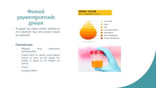 Φυσικά
χαρακτηριστικά:
χρώμα
• Το χρώμα των ούρων ποικίλει ανάλογα με
την πυκνότητά τους από ανοικτό κίτρινο
ως πορτοκαλί.
• Πορτοκαλί ούρα:
• Φάρμακα, όπως ριφαμπικίνη,
φαιναζοπυριδίνη
• Ουρικά άλατα σε υψηλές συγκεντρώσεις
(μπορεί να έχουν και ροζ χρώμα- δεν
αλλάζει το χρώμα με την πάροδο του
χρόνου)
• Ίκτερος
• Σύνδρομο Gilbert
 