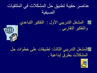 ‫الملت‬ ‫في‬ ‫المشكالت‬ ‫حل‬ ‫تطبيق‬ ‫حقيبة‬ ‫عناصر‬
‫قيات‬
‫الصيفية‬
‫األول‬ ‫التدريبي‬ ‫المشغل‬
:
‫التباعد‬ ‫التفكير‬
‫ي‬
‫التقاربي‬ ‫والتفكير‬
.
‫الثالث‬ ‫التدريبي‬ ‫المشغل‬
:
‫خطو‬ ‫على‬ ‫تطبيقات‬
‫حل‬ ‫ات‬
‫إبداعية‬ ‫بطرق‬ ‫المشكالت‬
.
 