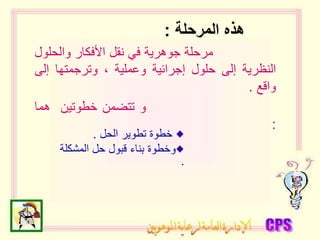 ‫المرحلة‬ ‫هذه‬
:
‫مرحلة‬
‫جوهرية‬
‫في‬
‫نقل‬
‫األفكار‬
‫والحلو‬
‫ل‬
‫النظرية‬
‫إلى‬
‫حلول‬
‫إجرائية‬
‫وعملية‬
،
‫وترجمتها‬
‫إلى‬
‫واقع‬
.
‫و‬
‫تتضمن‬
‫خطوتين‬
‫هما‬
:
‫الحل‬ ‫تطوير‬ ‫خطوة‬
.
‫المشكل‬ ‫حل‬ ‫قبول‬ ‫بناء‬ ‫وخطوة‬
‫ة‬
.
 