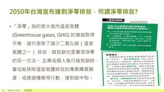2050年台灣宣布達到淨零排放，何謂淨零排放?
• 「淨零」指的是大氣內溫室氣體
(Greenhouse gases, GHG) 的增減取得
平衡，這代表除了減少二氧化碳（溫室
氣體之一） 排放，碳抵銷也是實現淨零
的另一方法。 企業或個人執行碳抵銷時，
會從能移除溫室氣體排放的專案購買額
度，或透過種樹等行動，達到碳中和。
10 2024年1月24日 新增頁尾
 