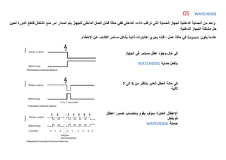 WATCHDOG
O5
‫اداءه‬ ‫تراقب‬ ‫التي‬ ‫الحماية‬ ‫لجهاز‬ ‫الداخلية‬ ‫الحماية‬ ‫من‬ ‫واحد‬
‫لحين‬ ‫الدورة‬ ‫قاطع‬ ‫اشتغال‬ ‫منع‬ ‫امر‬ ‫اصدار‬ ‫يتم‬ ‫للجهاز‬ ‫الداخلي‬ ‫العمل‬ ‫فشل‬ ‫حالة‬ ‫ففي‬ ‫الداخلي‬
.‫الداخلية‬ ‫الجهاز‬ ‫مشكلة‬ ‫حل‬
‫يكون‬ ‫عندما‬
Sepam
‫عن‬ ‫الكشف‬ ‫مستمر‬ ‫بشكل‬ ‫ذاتية‬ ‫اختبارات‬ ‫يجري‬ ‫فإنه‬ ، ‫عمل‬ ‫حالة‬ ‫في‬
.‫االخطاء‬
‫الجهاز‬ ‫في‬ ‫مستمر‬ ‫عطل‬ ‫وجود‬ ‫حال‬ ‫في‬
‫حماية‬ ‫يتفعل‬
WATCHDOG
‫من‬ ‫ينتظر‬ ‫العابر‬ ‫العطل‬ ‫حالة‬ ‫في‬
5
‫الى‬
7
‫ثانية‬
‫اعطال‬ ‫خمس‬ ‫باحتساب‬ ‫يقوم‬ ‫سوف‬ ‫العابرة‬ ‫االعطال‬
‫يفعل‬ ‫ثم‬
‫حماية‬
WATCHDOG
 