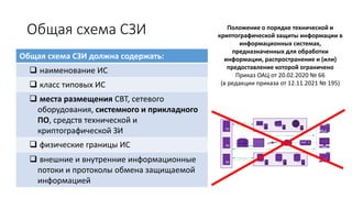 Общая схема СЗИ Положение о порядке технической и
криптографической защиты информации в
информационных системах,
предназначенных для обработки
информации, распространение и (или)
предоставление которой ограничено
Приказ ОАЦ от 20.02.2020 № 66
(в редакции приказа от 12.11.2021 № 195)
Protocol/port
Protocol/port
Protocol/port
Protocol/port
Общая схема СЗИ должна содержать:
❑ наименование ИС
❑ класс типовых ИС
❑ места размещения СВТ, сетевого
оборудования, системного и прикладного
ПО, средств технической и
криптографической ЗИ
❑ физические границы ИС
❑ внешние и внутренние информационные
потоки и протоколы обмена защищаемой
информацией
 