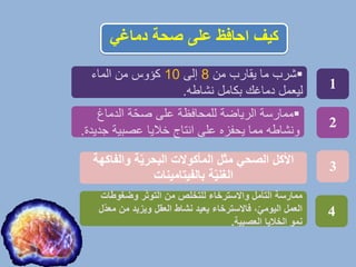 ‫دماغي‬ ‫صحة‬ ‫على‬ ‫احافظ‬ ‫يف‬
▪
‫من‬ ‫يقارب‬ ‫ما‬ ‫شرب‬
8
‫إلى‬
10
‫كؤوس‬
‫الماء‬ ‫من‬
‫نشاطه‬ ‫بكامل‬ ‫دماغك‬ ‫ليعمل‬
.
▪
‫الرياضة‬ ‫ممارسة‬
‫للم‬
‫حافظ‬
‫ة‬
‫الدماغ‬ ‫ة‬ّ‫ح‬‫ص‬ ‫على‬
‫ج‬ ‫عصبية‬ ‫خاليا‬ ‫انتاج‬ ‫على‬ ‫يحفزه‬ ‫مما‬ ‫ونشاطه‬
‫ديدة‬
.
‫الصحي‬ ‫ل‬ ‫األ‬
‫مثل‬
‫والفا‬ ‫ة‬ّ‫ي‬‫البحر‬ ‫والت‬ ‫الم‬
‫هة‬
‫بالفيتامينات‬ ‫ة‬ّ‫ي‬‫الغن‬
1
2
3
‫وضغوطات‬ ‫ر‬ّ‫ت‬‫التو‬ ‫م‬ ‫للتخلي‬ ‫واالسترخاء‬ ‫مل‬ ‫الت‬ ‫ممارسة‬
‫م‬ ‫ويزيد‬ ‫العقل‬ ‫نشاط‬ ‫يعيد‬ ‫فاالسترخاء‬ ،ّ‫ي‬‫اليوم‬ ‫العمل‬
‫ّل‬‫د‬‫مع‬
‫العصبية‬ ‫يا‬ ‫الخ‬ ‫نمو‬
.
4
 