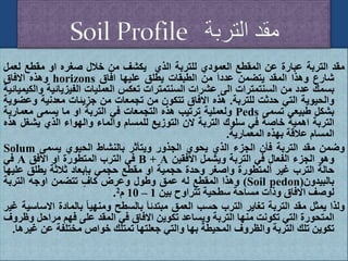 ‫مقد‬
‫التربة‬
‫عبارة‬
‫عن‬
‫المقطع‬
‫العمودي‬
‫للتربة‬
‫الذي‬
‫يكشف‬
‫من‬
‫خالل‬
‫صغره‬
‫او‬
‫مقطع‬
‫لعم‬
‫ل‬
‫شارع‬
‫وهذا‬
‫المقد‬
‫يتضمن‬
َ‫ا‬‫عدد‬
‫من‬
‫الطبقات‬
‫يطلق‬
‫عليها‬
‫افاق‬
horizons
‫وهذه‬
‫االفاق‬
‫بسمك‬
‫عدد‬
‫من‬
‫السنتمترات‬
‫الى‬
‫عشرات‬
‫السنتمترات‬
‫تعكس‬
‫العمليات‬
‫الفيزيائية‬
‫والكيميائية‬
‫والحيوية‬
‫التي‬
‫حدثت‬
‫للتربة‬
.
‫هذه‬
‫االفاق‬
‫تتكون‬
‫من‬
‫تجمعات‬
‫من‬
‫جزيئات‬
‫معدنية‬
‫وع‬
‫ضوية‬
‫بشكل‬
‫طبيعي‬
‫تسمى‬
Peds
‫ولعملية‬
‫ترتيب‬
‫هذه‬
‫التجمعات‬
‫في‬
‫التربة‬
‫او‬
‫ما‬
‫يسمى‬
‫معماري‬
‫ة‬
‫التربة‬
‫اهمية‬
‫خاصة‬
‫في‬
‫سلوك‬
‫التربة‬
‫الن‬
‫التوزيع‬
‫للمسام‬
‫والماء‬
‫والهواء‬
‫الذي‬
‫يشغ‬
‫ل‬
‫هذه‬
‫المسام‬
‫عالقة‬
‫بهذه‬
‫المعمارية‬
.
‫وضمن‬
‫مقد‬
‫التربة‬
‫فأن‬
‫الجزء‬
‫الذي‬
‫يحوي‬
‫الجذور‬
‫ويتأثر‬
‫بالنشاط‬
‫الحيوي‬
‫يسمى‬
Solum
‫وهو‬
‫الجزء‬
‫الفعال‬
‫في‬
‫التربة‬
‫ويشمل‬
‫االفقين‬
A
+
B
‫في‬
‫الترب‬
‫المتطورة‬
‫او‬
‫االفق‬
A
‫في‬
‫حالة‬
‫الترب‬
‫غير‬
‫ألمتطورة‬
‫واصغر‬
‫وحدة‬
‫حجمية‬
‫او‬
‫مقطع‬
‫حجمي‬
‫بإبعاد‬
‫ثالثة‬
‫يطلق‬
‫عل‬
‫يها‬
‫بالبيدون‬
(
Soil pedon
)
‫وهذا‬
‫المقطع‬
‫له‬
‫عمق‬
‫وطول‬
‫وعرض‬
‫كاف‬
‫تتضمن‬
‫اوجه‬
‫التربة‬
‫لوصف‬
‫االفاق‬
‫وذات‬
‫مساحة‬
‫سطحية‬
‫تتراوح‬
‫بين‬
1
–
10
‫م‬
2
.
‫ولذا‬
‫يمثل‬
‫مقد‬
‫التربة‬
‫تغاير‬
‫الترب‬
‫حسب‬
‫العمق‬
َ‫ا‬‫مبتدئ‬
‫بالسطح‬
ً‫ا‬‫ومنهي‬
‫بالمادة‬
‫اال‬
‫ساسية‬
‫غير‬
‫المتحورة‬
‫التي‬
‫تكونت‬
‫منها‬
‫التربة‬
‫ويساعد‬
‫تكوين‬
‫االفاق‬
‫في‬
‫المقد‬
‫على‬
‫فهم‬
‫مراحل‬
‫وظروف‬
‫تكوين‬
‫تلك‬
‫التربة‬
‫والظروف‬
‫المحيطة‬
‫بها‬
‫والتي‬
‫جعلتها‬
‫تمتلك‬
‫خواص‬
‫مختلفة‬
‫عن‬
‫غ‬
‫يرها‬
.
 