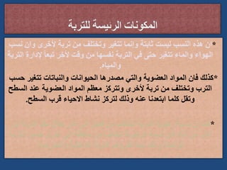 *
‫وا‬ ‫ألخرى‬ ‫تربة‬ ‫من‬ ‫وتختلف‬ ‫تتغير‬ ‫وإنما‬ ‫ثابتة‬ ‫ليست‬ ‫النسب‬ ‫هذه‬ ‫ان‬
‫نسب‬ ‫ن‬
‫إلد‬ ً‫ا‬‫تبع‬ ‫ألخر‬ ‫وقت‬ ‫من‬ ‫نفسها‬ ‫التربة‬ ‫في‬ ‫حتى‬ ‫تتغير‬ ‫والماء‬ ‫الهواء‬
‫التربة‬ ‫ارة‬
‫والمياه‬
.
*
‫تتغي‬ ‫والنباتات‬ ‫الحيوانات‬ ‫مصدرها‬ ‫والتي‬ ‫العضوية‬ ‫المواد‬ ‫فان‬ ‫كذلك‬
‫حسب‬ ‫ر‬
‫ال‬ ‫عند‬ ‫العضوية‬ ‫المواد‬ ‫معظم‬ ‫وتتركز‬ ‫ألخرى‬ ‫تربة‬ ‫من‬ ‫وتختلف‬ ‫الترب‬
‫سطح‬
‫السطح‬ ‫قرب‬ ‫االحياء‬ ‫نشاط‬ ‫لتركز‬ ‫وذلك‬ ‫عنه‬ ‫ابتعدنا‬ ‫كلما‬ ‫وتقل‬
.
*
‫التربة‬ ‫مقد‬ ‫خالل‬ ‫اخر‬ ‫الى‬ ‫فصل‬ ‫من‬ ‫تختلف‬ ‫التربة‬ ‫رطوبة‬ ‫نسبة‬ ‫ان‬ ‫كما‬
‫بل‬
‫الت‬ ‫ضمن‬ ‫اخرى‬ ‫الى‬ ‫منطقة‬ ‫من‬ ‫تختلف‬ ‫الرطوبة‬ ‫نسبة‬ ‫فان‬ ‫ذلك‬ ‫من‬ ‫اكثر‬
‫ربة‬
‫والخارجية‬ ‫الداخلية‬ ‫التربة‬ ‫لظروف‬ ‫تبعا‬ ‫وذلك‬ ‫الواحدة‬
.
 